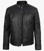 Black leather jacket with a sleek design, featuring a stand-up collar, zippered front and pocket, conveying a modern and edgy style.