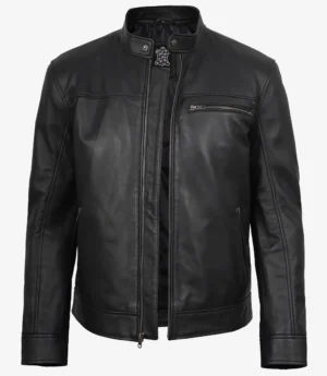Black leather jacket with a sleek design, featuring a stand-up collar, zippered front and pocket, conveying a modern and edgy style.