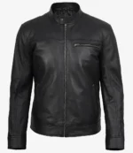 A sleek black leather jacket with a stand collar and zip closure. It features zippered pockets on the chest and sides, conveying a stylish and edgy tone.