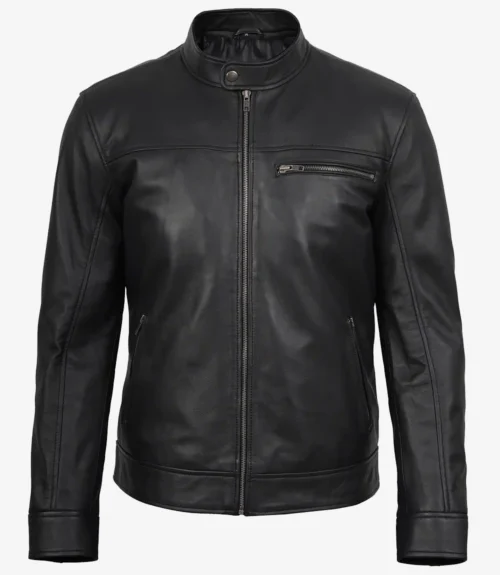 A sleek black leather jacket with a stand collar and zip closure. It features zippered pockets on the chest and sides, conveying a stylish and edgy tone.