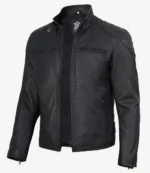 Black leather jacket on a white background, featuring a high collar, zip closure, and zippered pockets, conveying a sleek and stylish look.