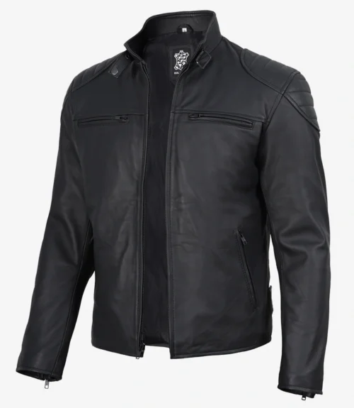 Black leather jacket on a white background, featuring a high collar, zip closure, and zippered pockets, conveying a sleek and stylish look.