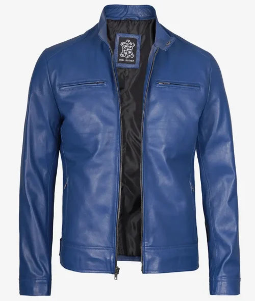 Blue leather jacket with a sleek design, featuring a high collar and zippered pockets. The open front reveals a black interior, conveying a modern style.