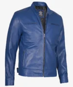 A sleek, vibrant blue leather jacket with a fitted design and zippered front. It features zippered chest and side pockets, conveying a stylish, modern look.
