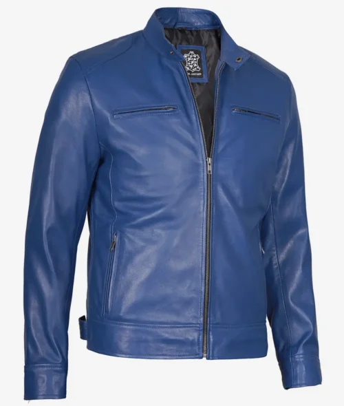 A sleek, vibrant blue leather jacket with a fitted design and zippered front. It features zippered chest and side pockets, conveying a stylish, modern look.