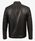 Rear view of a dark brown leather jacket showcasing detailed stitching and ribbed elbow patches on the sleeves, exuding a sleek, modern style.