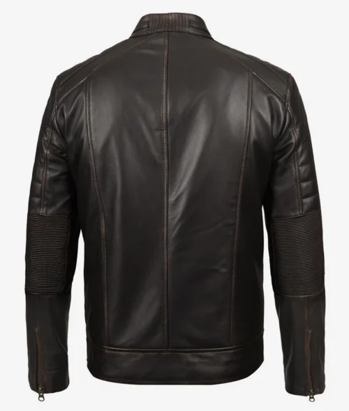 Rear view of a dark brown leather jacket showcasing detailed stitching and ribbed elbow patches on the sleeves, exuding a sleek, modern style.