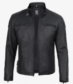 Black leather jacket with a sleek design, featuring zipped chest pockets, padded shoulders, and a standing collar. Stylish, modern, and edgy.