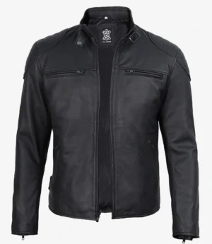 Black leather jacket with a sleek design, featuring zipped chest pockets, padded shoulders, and a standing collar. Stylish, modern, and edgy.