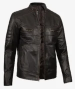 Dark brown leather jacket with a stand collar, zipper closure, and multiple pockets. The jacket has a sleek, modern design, conveying a cool, stylish tone.