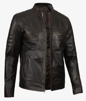 Dark brown leather jacket with a stand collar, zipper closure, and multiple pockets. The jacket has a sleek, modern design, conveying a cool, stylish tone.
