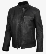 A sleek black leather jacket with a standing collar and zippered pockets displayed against a plain white background, exuding a stylish and edgy vibe.