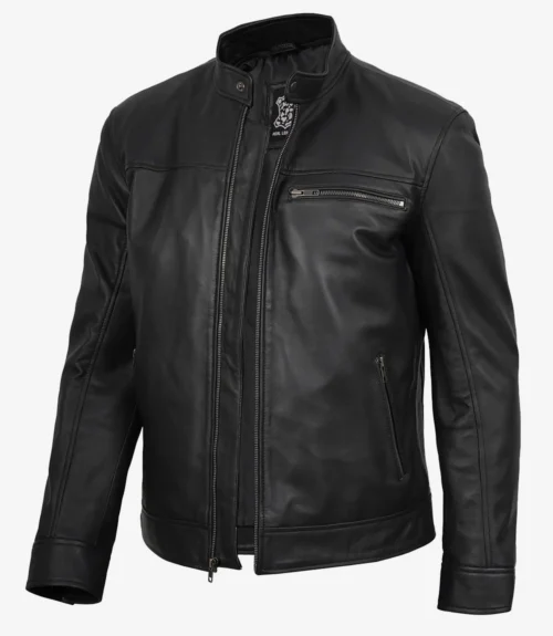 A sleek black leather jacket with a standing collar and zippered pockets displayed against a plain white background, exuding a stylish and edgy vibe.