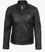 A sleek black leather jacket with a stand-up collar and zip-up front. It features two side pockets and a zippered chest pocket, conveying a cool, modern style.