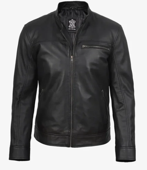 A sleek black leather jacket with a stand-up collar and zip-up front. It features two side pockets and a zippered chest pocket, conveying a cool, modern style.