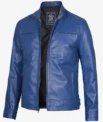 A vibrant blue leather jacket with a sleek design, featuring a front zipper, zippered pockets, and a fabric label inside. The tone is modern and stylish.