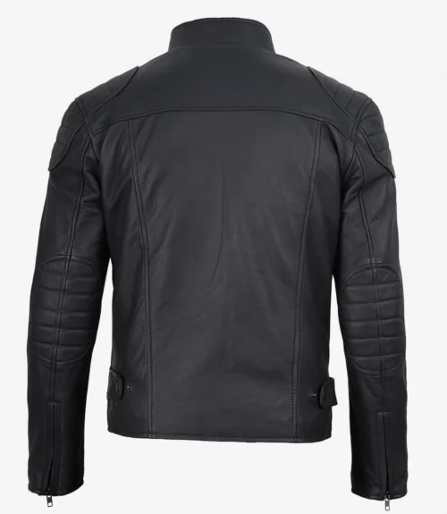 Black leather jacket viewed from the back, featuring padded shoulders and elbows, with a smooth texture and adjustable straps on the sides.