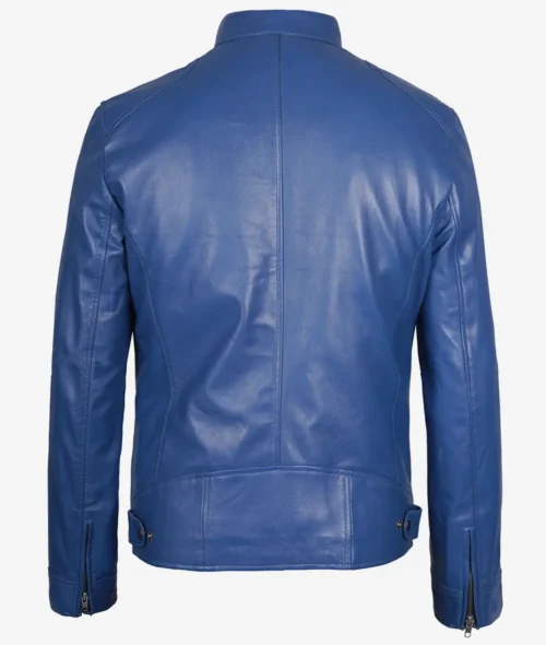 Blue leather jacket shown from the back, featuring a stand-up collar and zipper details on the cuffs. The jacket has a sleek, modern design.