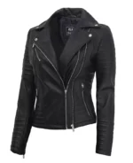 Black leather jacket with quilted sleeves and multiple zippers, featuring a notched collar and fitted design, conveying a sleek, edgy style.