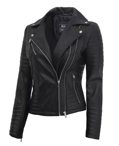 Black leather jacket with quilted sleeves and multiple zippers, featuring a notched collar and fitted design, conveying a sleek, edgy style.
