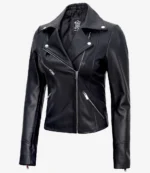 Sleek black leather motorcycle jacket with silver zippers and button accents, featuring a stylish asymmetrical front and a fitted silhouette.