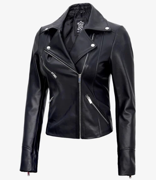 Sleek black leather motorcycle jacket with silver zippers and button accents, featuring a stylish asymmetrical front and a fitted silhouette.