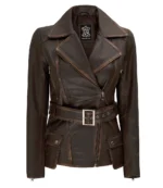 Dark brown leather jacket with wide lapels, asymmetrical zipper, and a belt with a silver buckle. Features front pockets and stitching details.