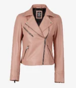 A stylish light pink leather biker jacket with silver zippers and snap buttons, displayed on a plain white background, conveys a trendy, modern tone.