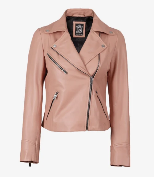 A stylish light pink leather biker jacket with silver zippers and snap buttons, displayed on a plain white background, conveys a trendy, modern tone.