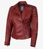 Red leather motorcycle jacket with quilted shoulder and elbow detailing, asymmetric front zipper, and sleek, modern design, exuding a bold, edgy style.