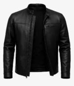 A sleek black leather jacket with a stand collar and a zippered chest pocket, exuding a modern, edgy vibe.