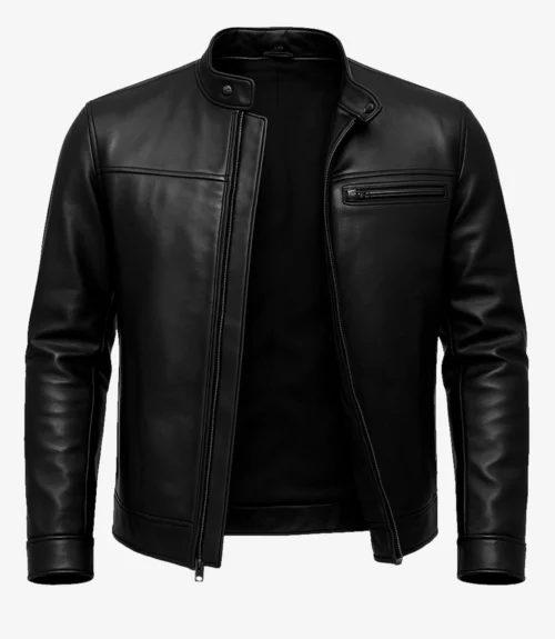 A sleek black leather jacket with a stand collar and a zippered chest pocket, exuding a modern, edgy vibe.