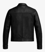 Rear view of a black leather jacket with a classic design, featuring a collar, long sleeves, and decorative seams, conveying a sleek, stylish tone.