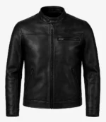 Black leather jacket with a mandarin collar, zipper front, and three zippered pockets, exuding a sleek and minimalist style.