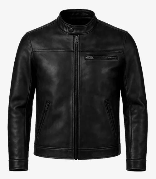 Black leather jacket with a mandarin collar, zipper front, and three zippered pockets, exuding a sleek and minimalist style.