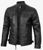 Black leather jacket with a sleek design, featuring quilted shoulder panels and multiple zippered pockets. The style is modern and edgy.