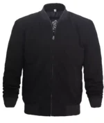 Men’s black suede bomber jacket, front closed with ribbed collar