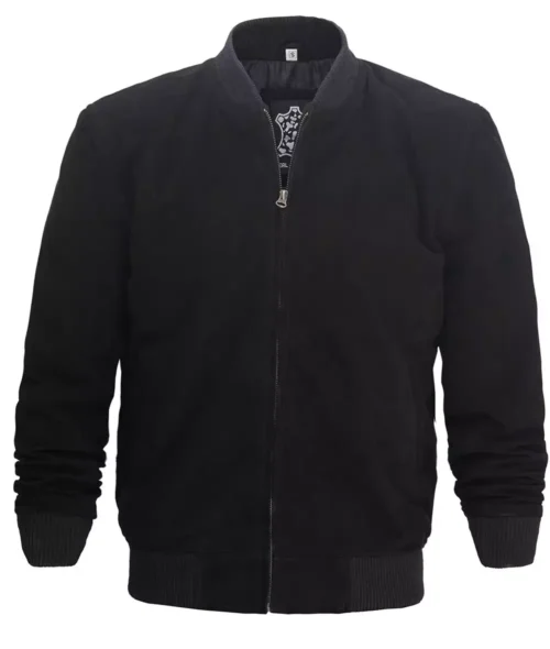 Men’s black suede bomber jacket, front closed with ribbed collar
