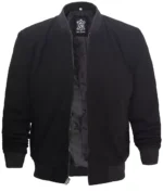 Men’s black suede leather bomber jacket, front open straight-on