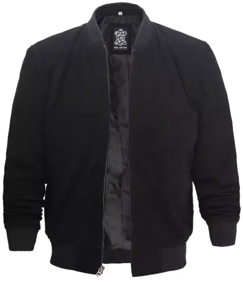 Men’s black suede leather bomber jacket, front open straight-on