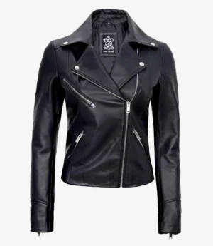 Black leather jacket with a classic biker design, featuring silver zippers and snaps. The jacket's sleek, edgy style conveys a bold, fashionable tone.