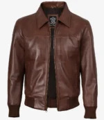 Classic brown leather bomber jacket for men with ribbed cuffs and hem