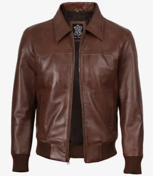Classic brown leather bomber jacket for men with ribbed cuffs and hem