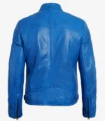Back view of a blue leather jacket featuring a stand-up collar and zippered cuffs. The jacket has a sleek design, conveying a modern, stylish look.