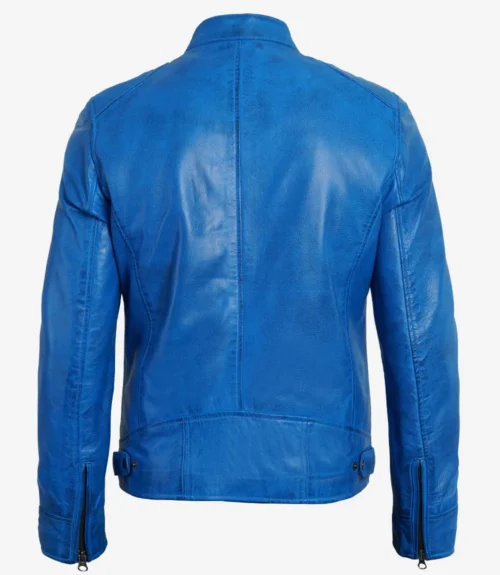 Back view of a blue leather jacket featuring a stand-up collar and zippered cuffs. The jacket has a sleek design, conveying a modern, stylish look.