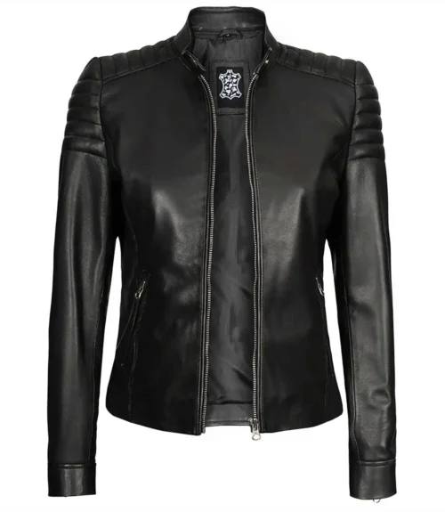 Black leather biker jacket with quilted shoulder panels, a front zipper, and sleek zippered pockets. The jacket has a stylish, edgy look.