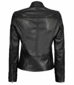 Back view of a sleek black leather jacket with a fitted design and zipper details on the sleeves. The material appears glossy, giving it a modern edge.