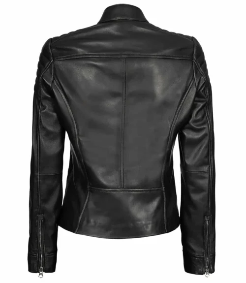 Back view of a sleek black leather jacket with a fitted design and zipper details on the sleeves. The material appears glossy, giving it a modern edge.