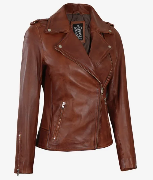 A brown leather biker jacket featuring a classic asymmetric zipper design, shoulder epaulets, and silver hardware, conveying a bold and stylish look.