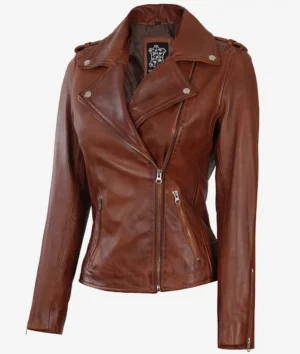Brown leather biker jacket with an asymmetrical zipper, silver studs, and two zippered pockets. The jacket exudes a stylish, edgy look.